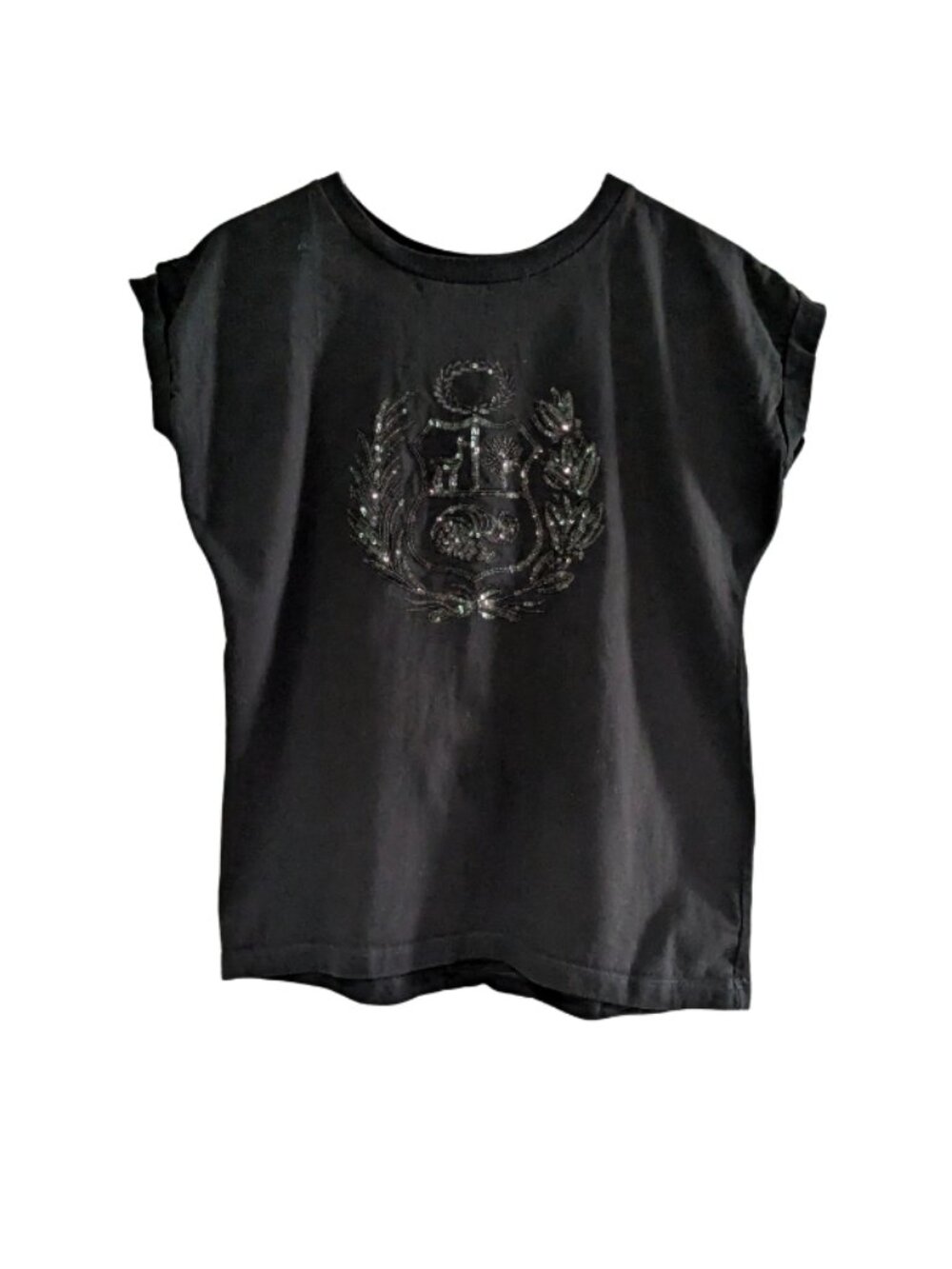 Keromi Women's Limited Edition T-Shirt Black, Large, Sequined Crest, Cap Sleeves